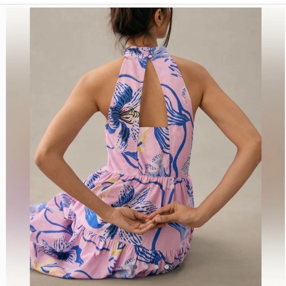 Anthropologie Sarah Gordon for Maeve Pink Blue Floral Halter Maxi Dress Size 8 - Picture 3 of 14